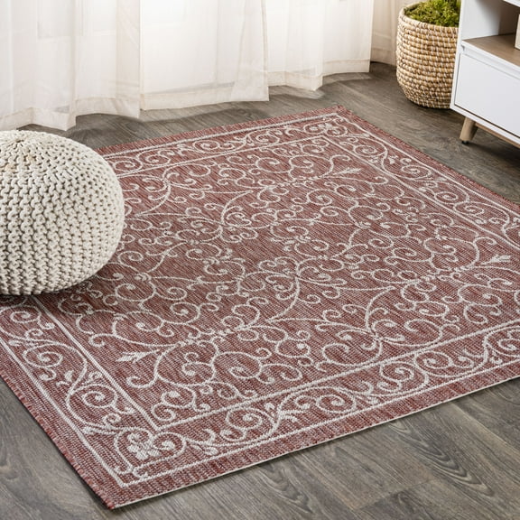 JONATHAN Y SANTA MONICA 5' Square Area Rug, Charleston Vintage Filigree Textured Weave - Red/Beige, SMB106B-5SQ