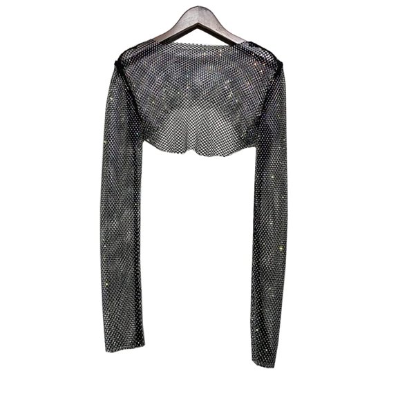 HAORUN Women Rhinestone Crystal Crop Tops Sheer Shiny Glitter Blouse T Shirt Party Club Wear