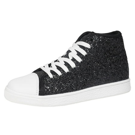 OJSFQUFP Women s Flats Ladies Simple Lace Up High Top Casual Shiny Fine Glitter Flat Shoes Casual Shoes Board Shoes Women Work Shoes Black 37