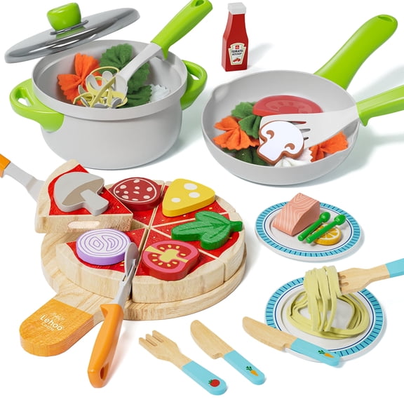 Play Food, Wooden Play Food Set for Kids, Play Kitchen, Kids Cutting Pretend Play Pizza Fake Food Toys for 3 4 5 6 7 Years, Girls Boys Toddlers Educational Toys