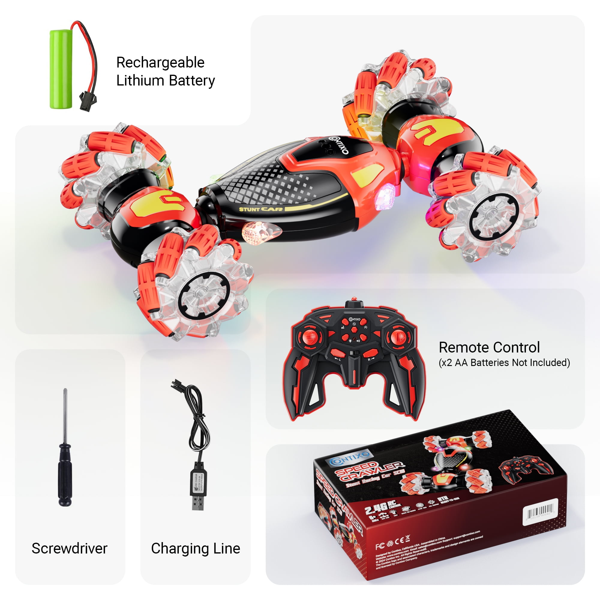 Contixo SC10 Cobra Crawler Stunt Remote Control Cars with 4WD Off-Road Mode and LED Lights, Red