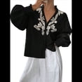 thumbnail image 3 of Camisas de Bordadas para Mujer, Blusa con Cuello en V y Mangas Abotonadas Negro L, 3 of 10