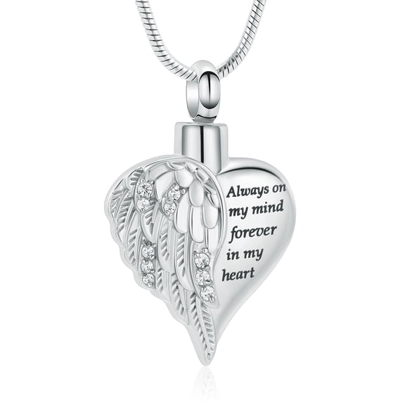Heart Crystal Setting Wing Cremation Jewellery Urns For Ashes Keepsake Necklace Always on my mind forever in my heart