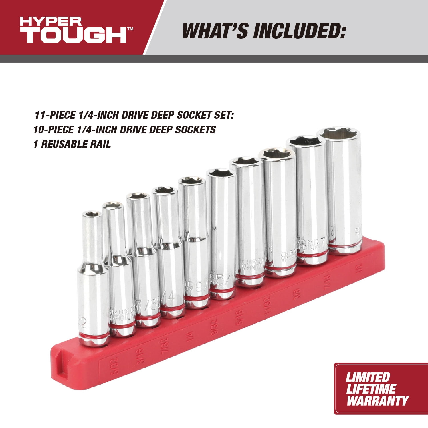 Hyper Tough 11-Piece 1/4-inch Drive Deep Socket Set (SAE)