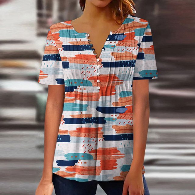 ICHUANYI Clearance Women Fashion Casual Print Round Neck Loose Short Sleeve T-shirt Top Blouse Pullover(Orange, L) ICHUANYI WER2023080808618
