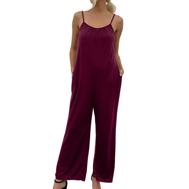 HBFAGFB Rompers for Women Dressy Summer Thin Shoulder Strap Retro Work Pants with Pockets Red Size L