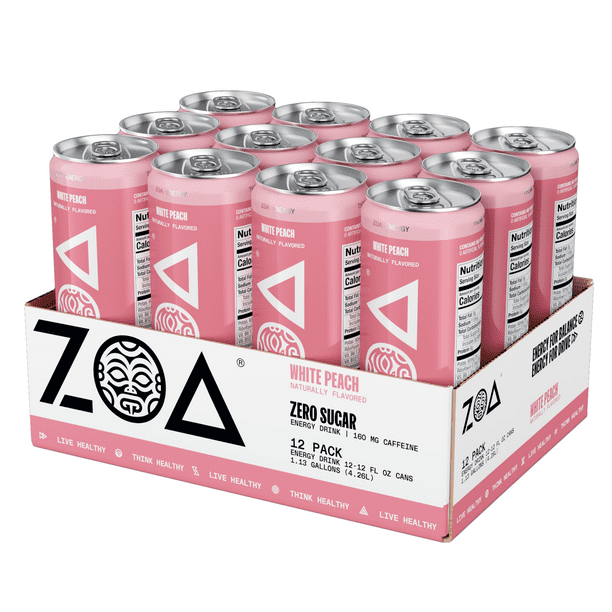 ZOA Zero Sugar Energy Drink, White Peach, 12oz (12Pack)
