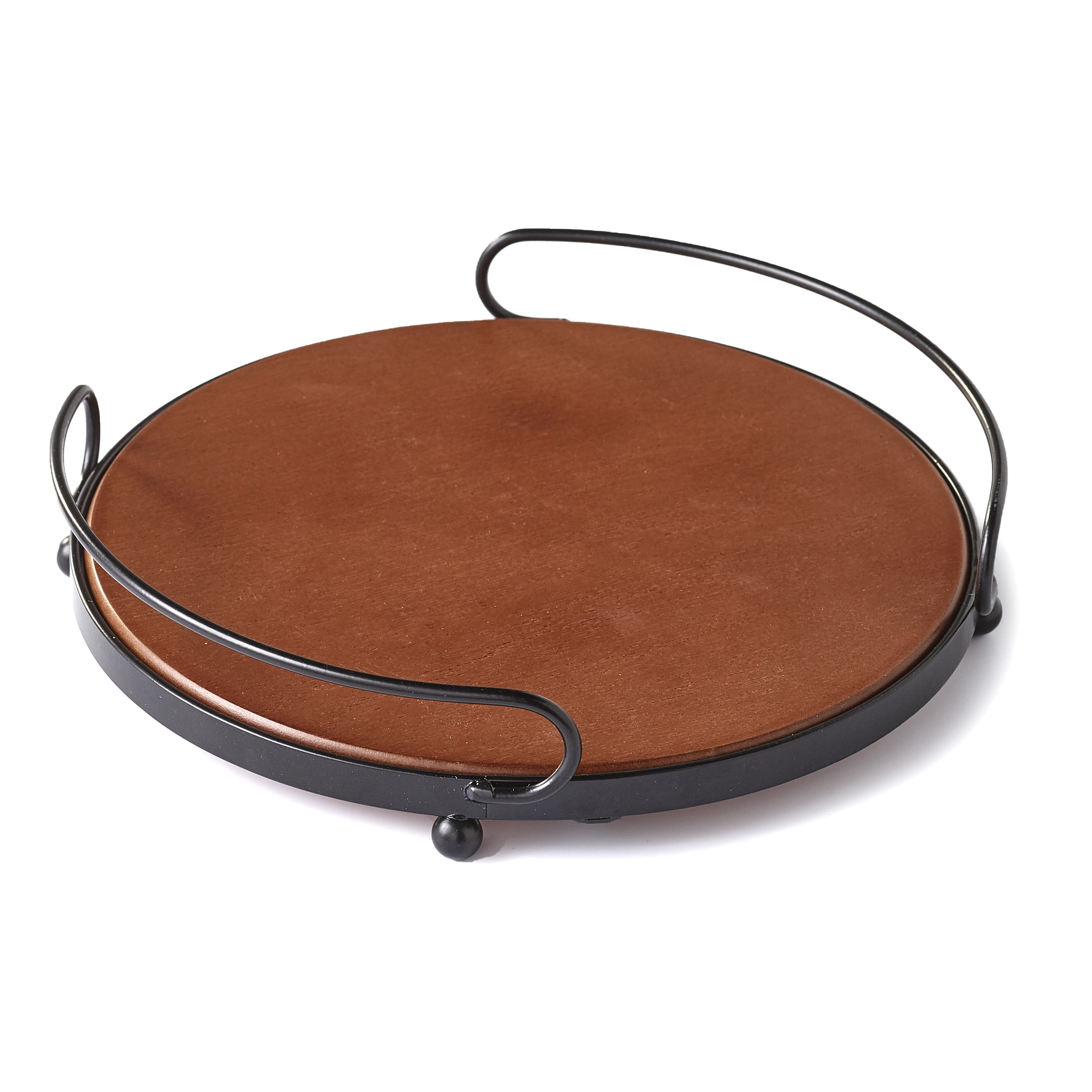 Round Wooden Serving Tray With Metal, Round Leather Tray Table