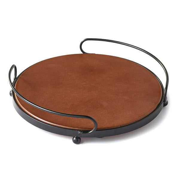 Round Wooden Serving Tray with Metal Handles - Rustic Kitchen Accent