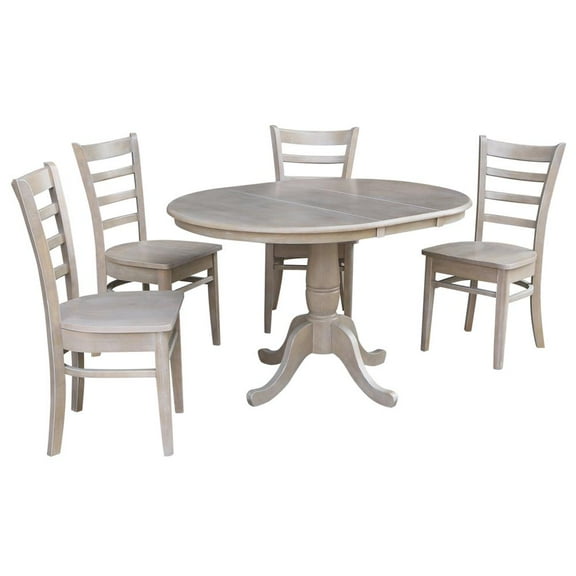 36" Round Dining Table with 12" Leaf and 4 Emily Chairs – Washed Gray Taupe - 5 Piece Set