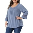 thumbnail image 4 of Agnes Orinda Women's Plus Size Tops Long Sleeve Crochet Panel Hollow Out Pleated Casual Tunics Blouse 1X Gray Blue, 4 of 6