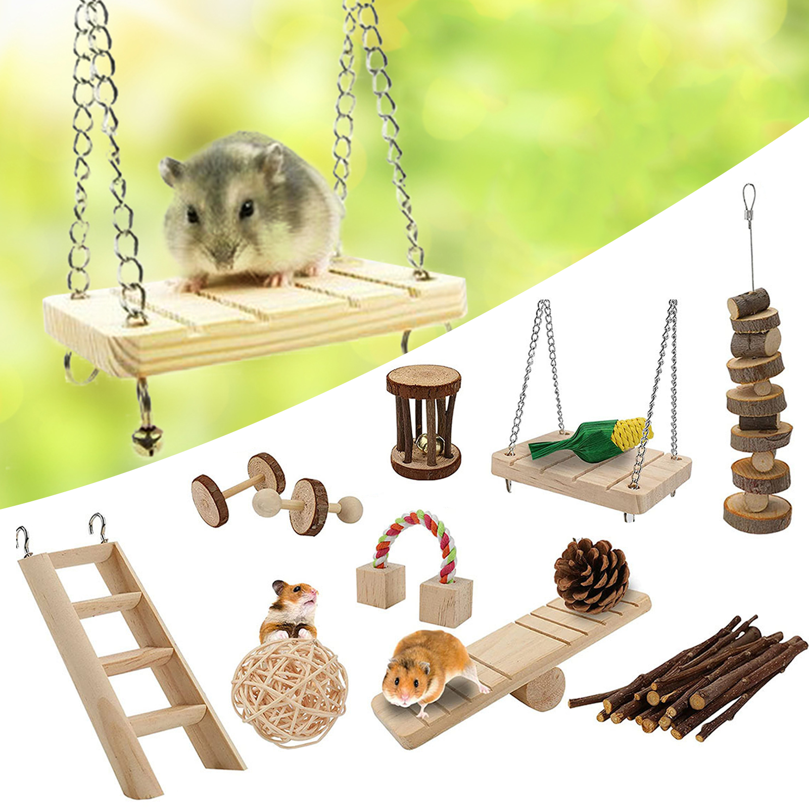 DOPI 12Pcs/Set Hamster Toys Multiple Types Teeth Grinding Natural Wood Small Animal Play Chew Toys Pet Toys