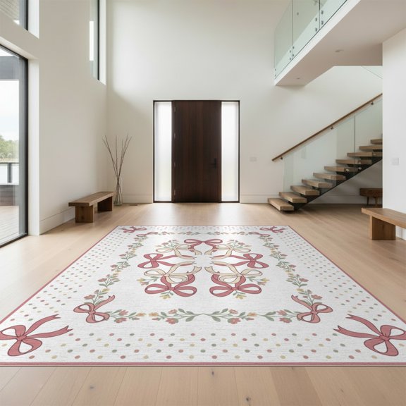 Design&I 8'x10' Washable Area Rug Snag-Free Circle Tied Seats Ribbon Symmetrical Motifs Pink Shaped for Dining Room, Large Office, Lounge