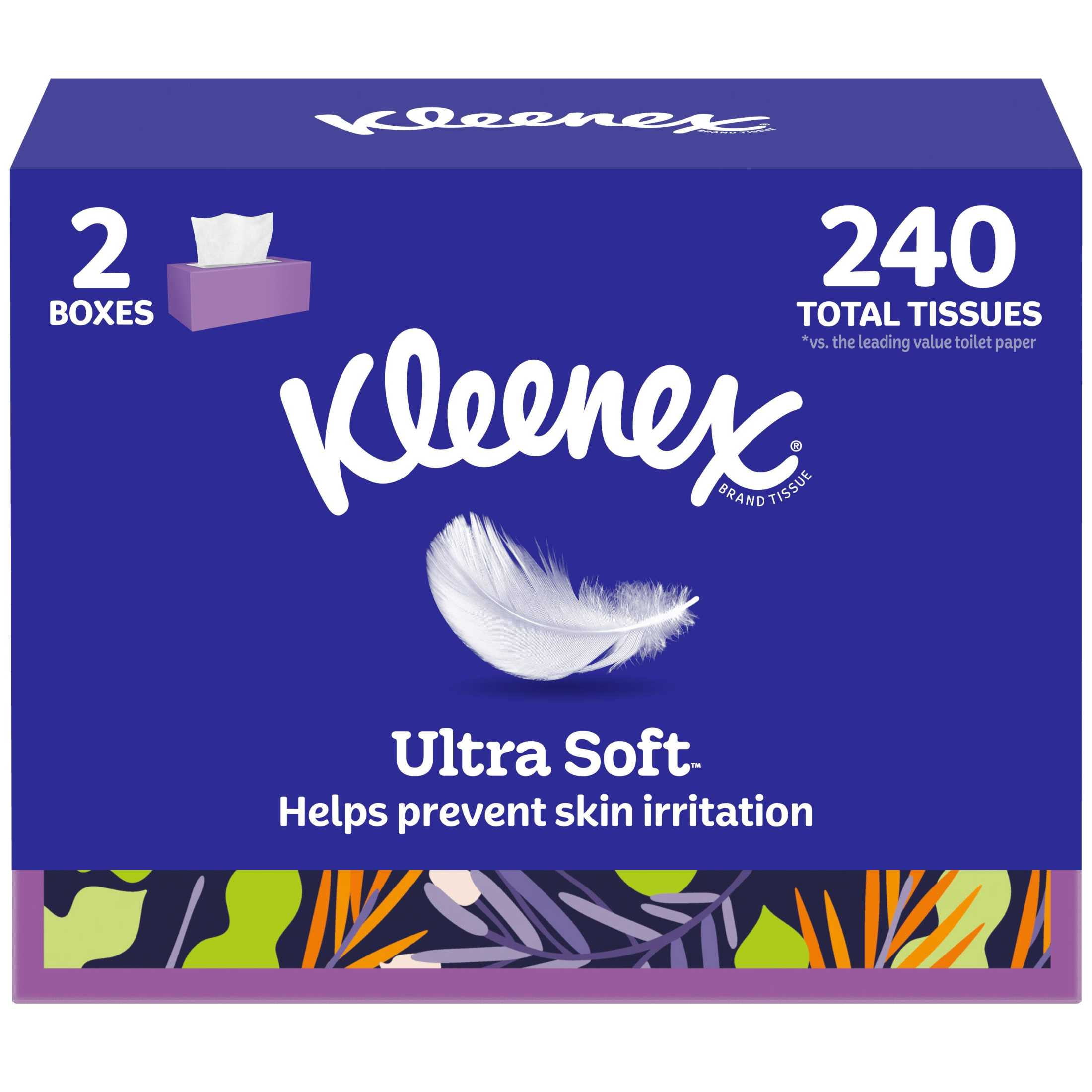 (4 pack) Kleenex Ultra Soft Facial Tissues, 2 Flat Boxes, 120 Tissues per Box, 3-Ply