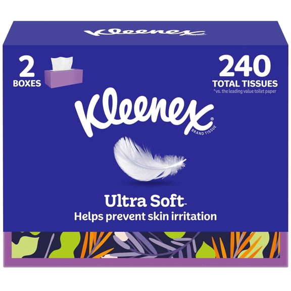 Kleenex Ultra Soft Facial Tissues, 2 Flat Boxes, 120 Tissues per Box, 3-Ply