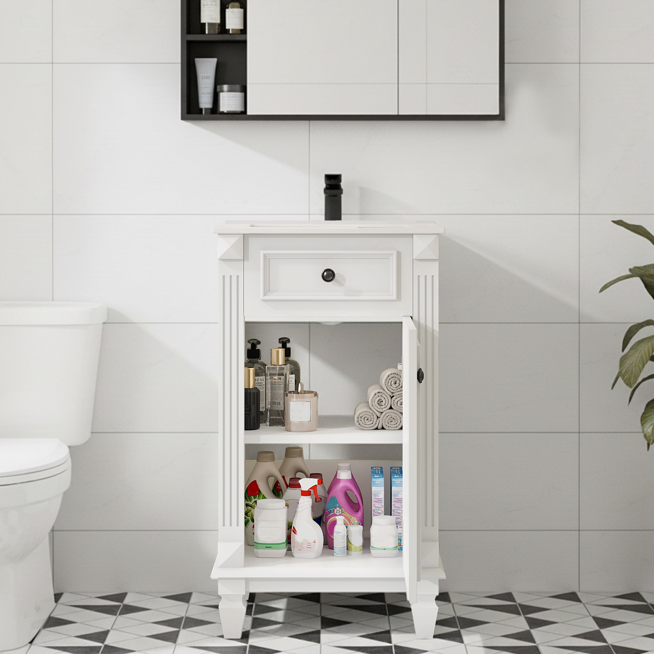 EDX 18-inch Bathroom Vanity Cabinet, Freestanding Modern Cabinet Vanity with Sink, 1 Soft-Closing Door & 1 Drawer,White