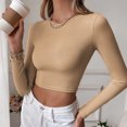 thumbnail image 2 of Camiseta de mujer con cuello redondo y espalda abierta, camisa ajustada de manga larga, color puro para fiesta en casa, color caqui L, 2 of 6