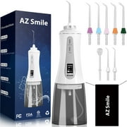 AZSmile Cordless Portable OLED Dental Oral Irrigator Water Flosser Floss Picks 5 Modes with 350ml Water Tank, IPX7 Water For Teeth Cleaning White Color