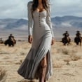 thumbnail image 2 of VEKDONE Women's Maxi Dress Long Sleeve Button Down V Neck Vintage Dress Casual Ruffle Hem Side Split Western Long Dress Solid Color Slim Fit Dresses Gray M, 2 of 7