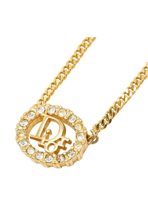 Pre-Owned Christian Dior Dior CD Logo Vintage Pendant Chain Necklace Gold Plated Rhinestone...