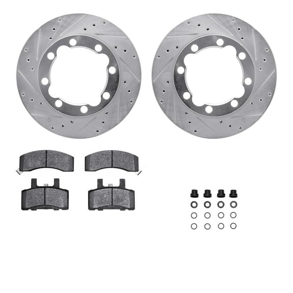 Dynamic Friction Company Front Brake Rotors-Drilled and Slotted-Silver with Ultimate Duty Performance Brake Pads includes Hardware 7412-40001