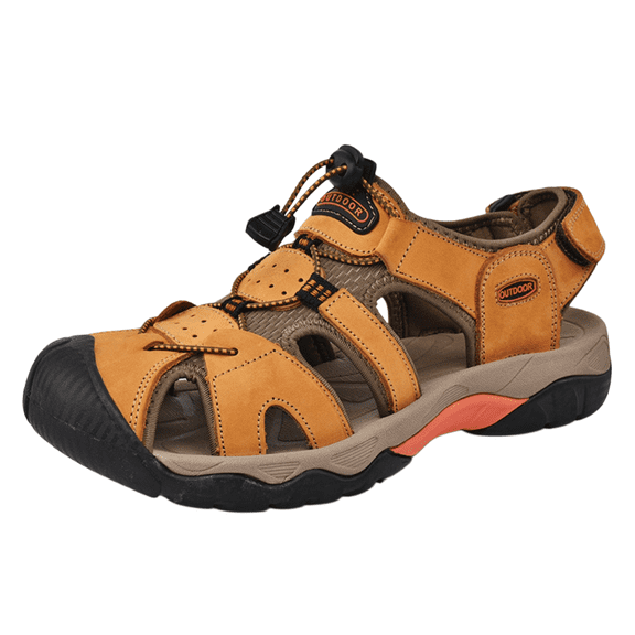 Domuza Mens Leather Sports Sandals Closed Toe Outdoor Athletic Walking Casual Sandals Water Shoes Summer Lightweight Hiking Sandals Yellow 9.5 (EU-44)
