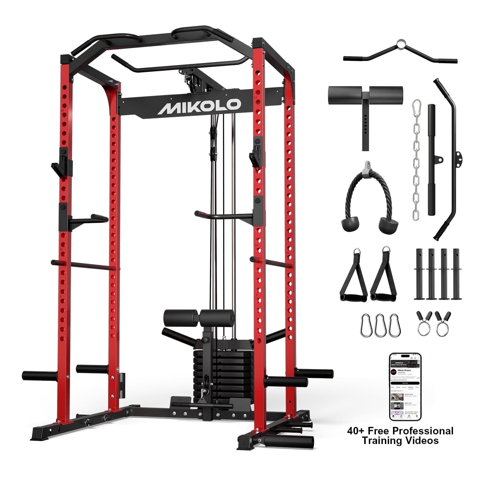 Mikolo Power Cage with Weight Stack Multi-Function Power Rack for Home Gym, Squat Rack, Cable Crossover System, for Strength Training, Red