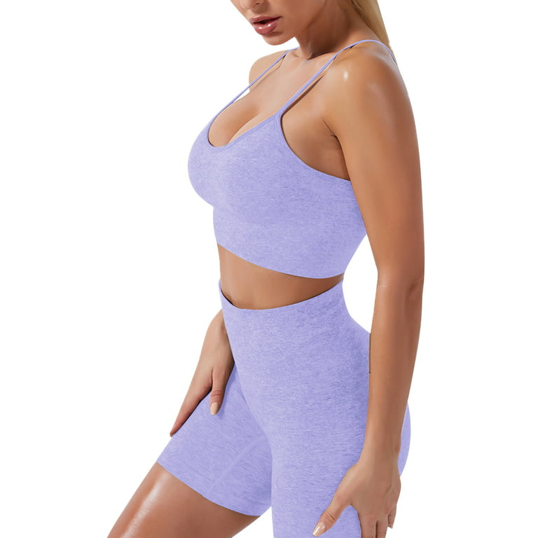 FYMNSI Women Seamless Yoga Outfits 3 Piece Workout Short Sleeve Crop Top  Sport Bra with High Waisted Running Shorts Set Activewear M Purple