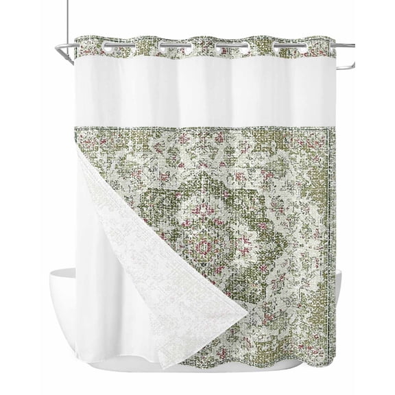 No Hook Shower Curtain with Snap-in Liner, Sage Green Boho Waterproof Fabric Bathroom Curtains, Vintage Abstract Art Ethnic Tribe Bath Curtains & Mesh Top Window 72"x78" Long