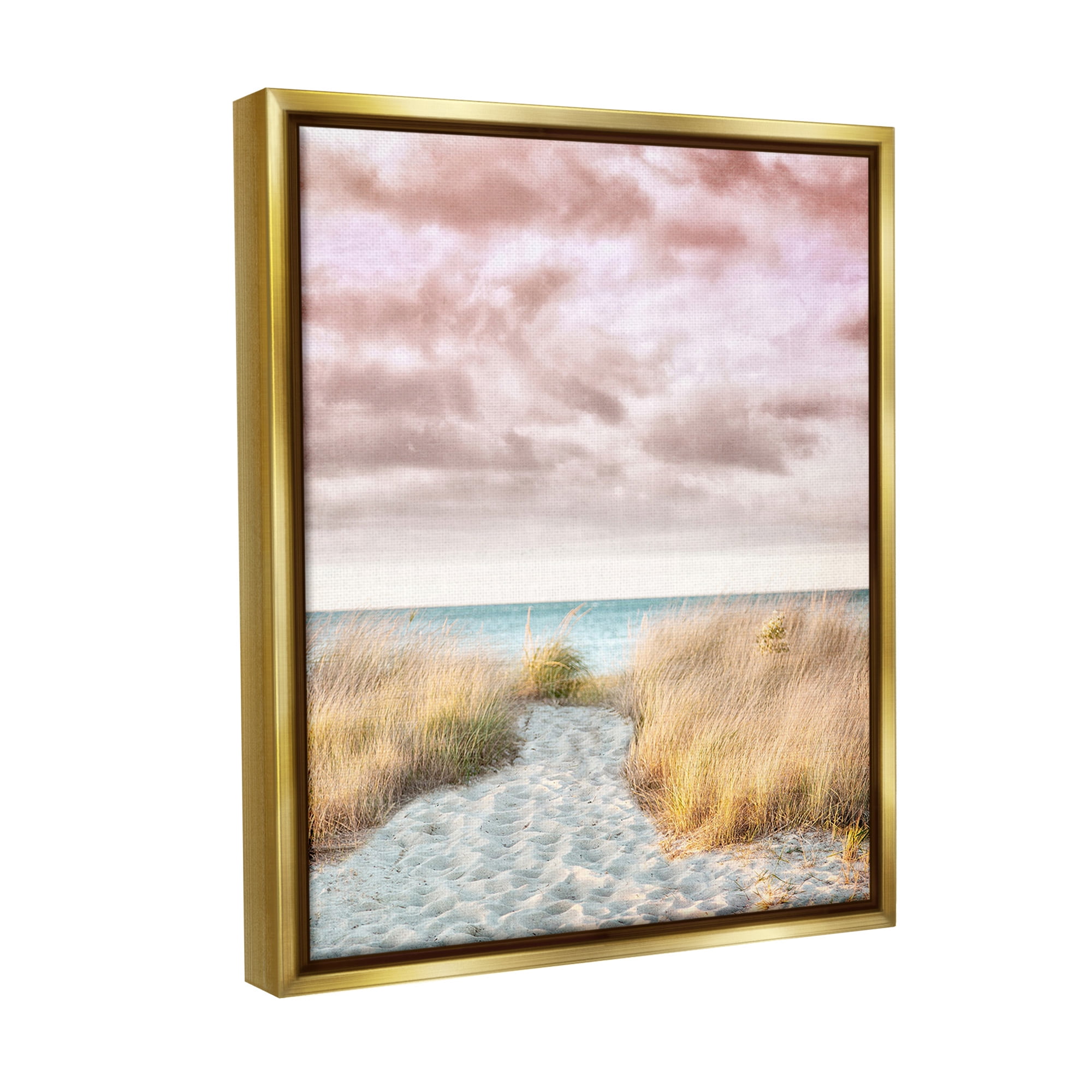 Stupell Industries Beach Path with Pink Sky Landscape Photography Gold Floater Framed Canvas Art Print Wall Art, 25 x 31