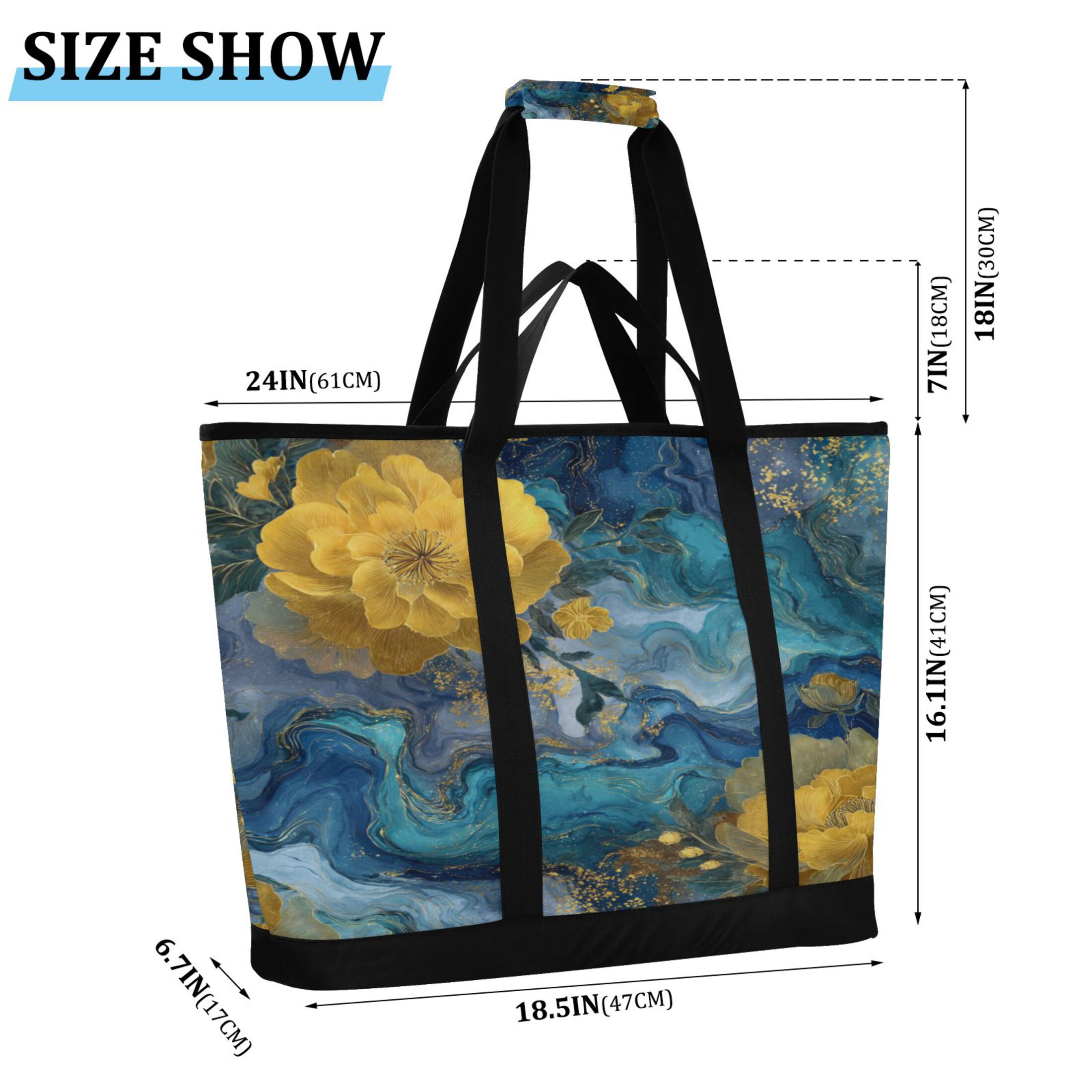 Extra-Large Wide Opening Design Capacity Hand-Held Ice Pack Thickened Insulation Layer For Long-Lasting Cold Retention For Outdoor Shopping Picnics And Camping Swirling Water and Yellow Flowers