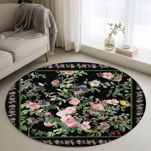 Round Rug 4Ft Washable Non-Slip, Black Spring Floral Circle Area Rugs for Living Room Bedroom, Elegant Pastoral Flowers Birds Watercolor Indoor Floor Mats Carpet Runner for Home Decor Aesthetic