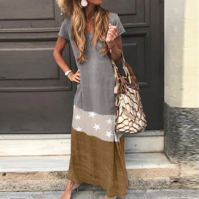 FcBaudy Robe à Manches Courtes Col en V, Robes d'Été pour Femmes, Robes pour Femmes Robe Imprimée de Vacances pour Femmes Robe d'Été à Manches Courtes pour Femmes