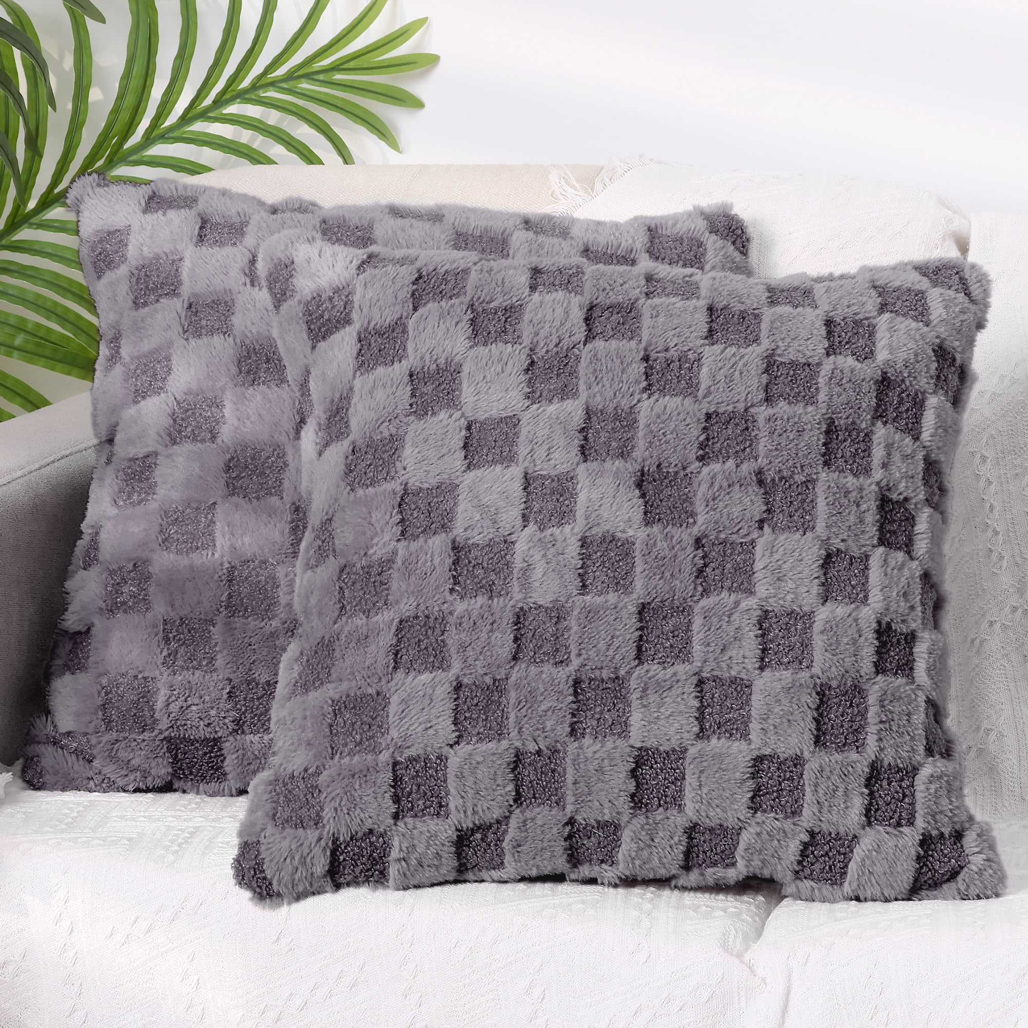 Unique Bargains 2 Faux Fur Soft Plaid Decorative Throw Pillow Covers Square Pillowcase Gray 18" x 18"