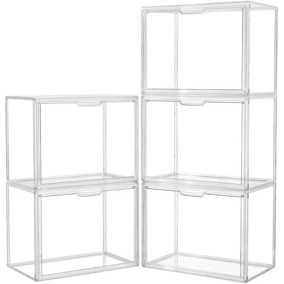 Acrylic Box Display Case, Clear Plastic Stackable Storage Bins with Magnetic Attraction Lid, Showcase for Cosmetic, Large Figures Collectibles (5 Pack, X-Large)