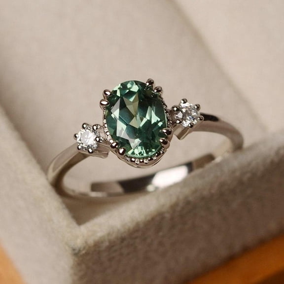Green sapphire ring, sterling silver wedding ring, green emerald cut gemstone ring