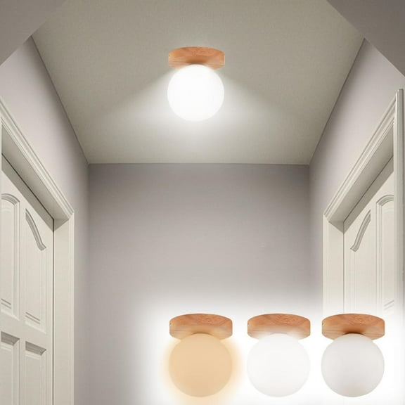 Outoloxit LED Small Ceiling Light for Hallway Entrance Closet Balcony with Wood Body and Glass Shade Modern Lighting Fixture