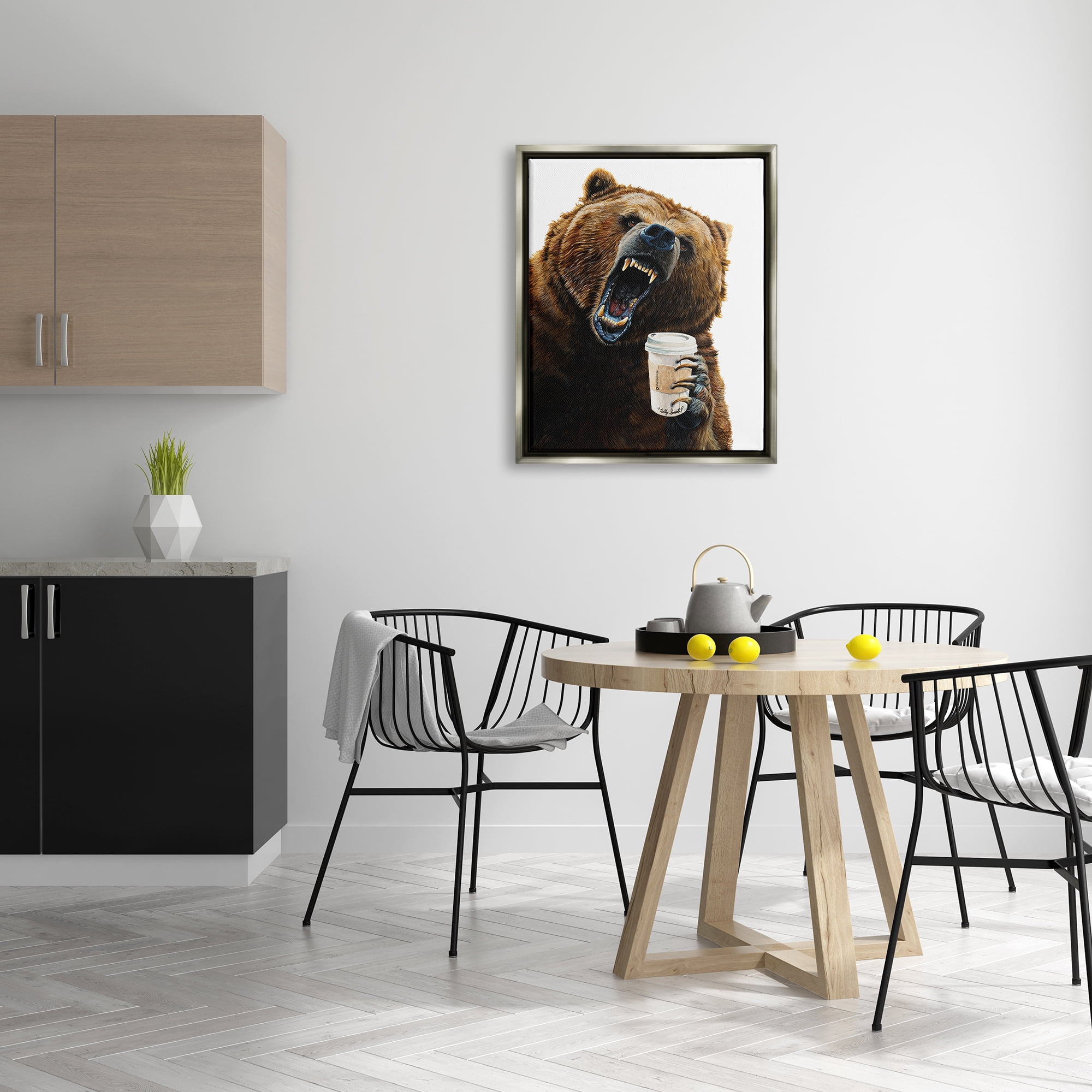 Stupell Industries Roaring Bear with Coffee Animals & Insects Painting Gray Floater Framed Art Print Wall Art, 25 x 31