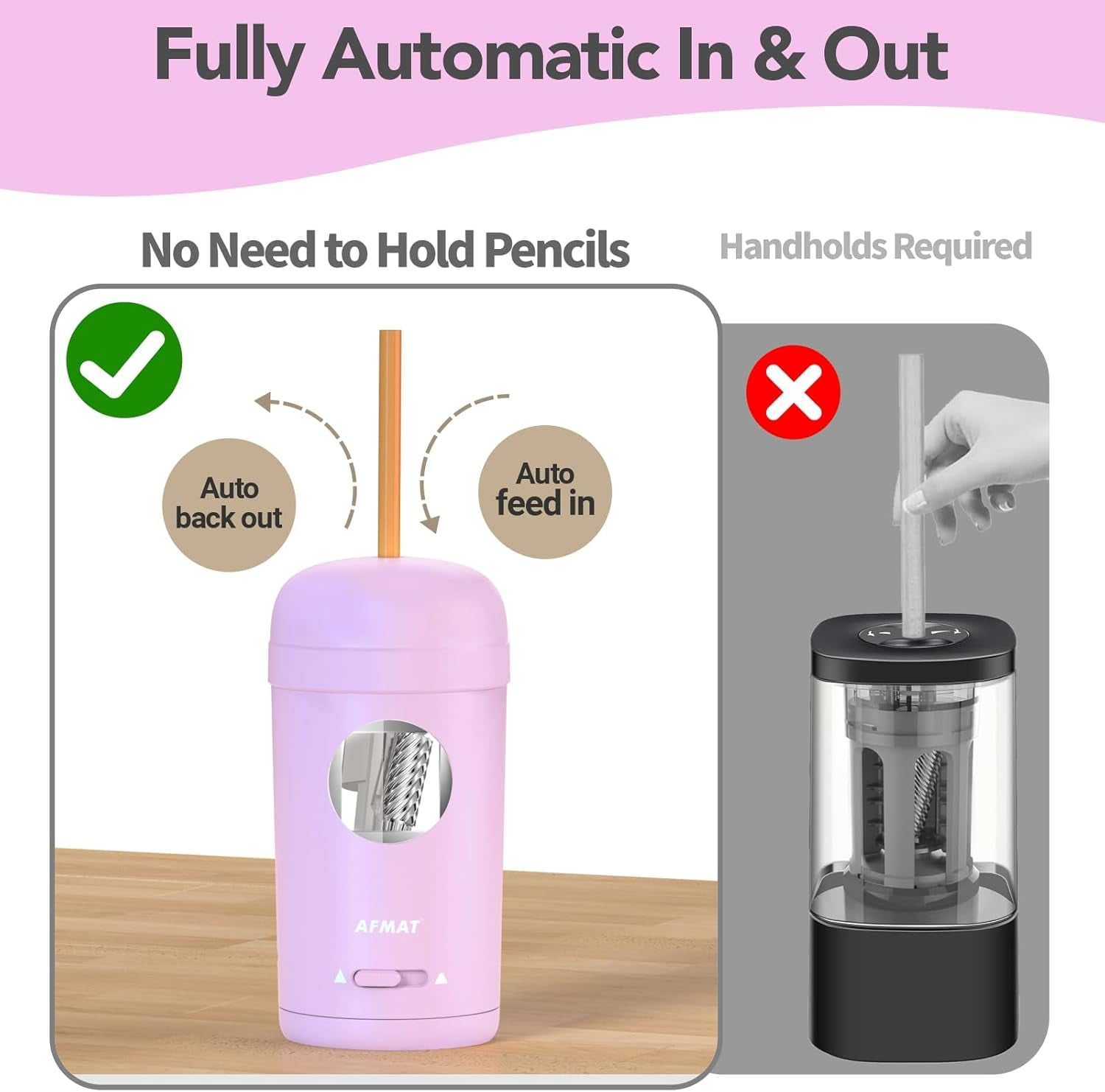 AFMAT Electric Pencil Sharpener, Fully Automatic Pencil Sharpener for 7-8mm Pencils & Colored Pencil, Auto in & Out, Rechargeable Vertical Hands-Free Sharpeners for Classroom/Home/Office(Purple)