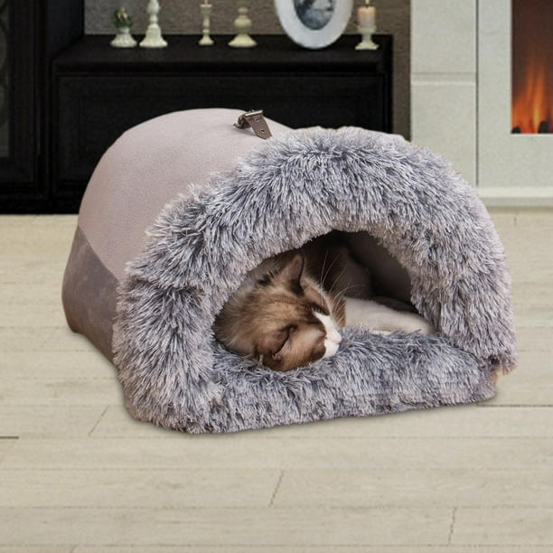 Nido para gatos semicerrado, cama para gatos con fondo antideslizante, potable con asa, suministros calmantes para mascotas, acogedor escondite para , gris medio
