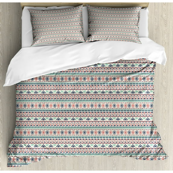 Aztec Duvet Cover Set Queen Size, Geometric Shapes in Hand-Drawn Style Grunge and Retro Cultural Illustration, Decorative 3 Piece Bedding Set with 2 Pillow Shams, Multicolor, by Ambesonne