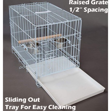 20" Portable Travel Veterinary Bird Parrot Wire Carrier Cage with Wooden Stand Perch & Stainless Steel Bowls