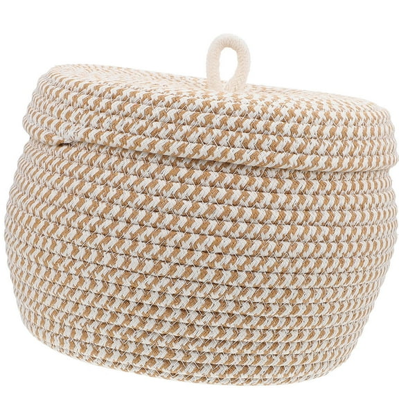 SEWCHICS Handmade Beige Cotton Rope Storage Basket with Lid for Home Organization and Tidiness, and Stylish