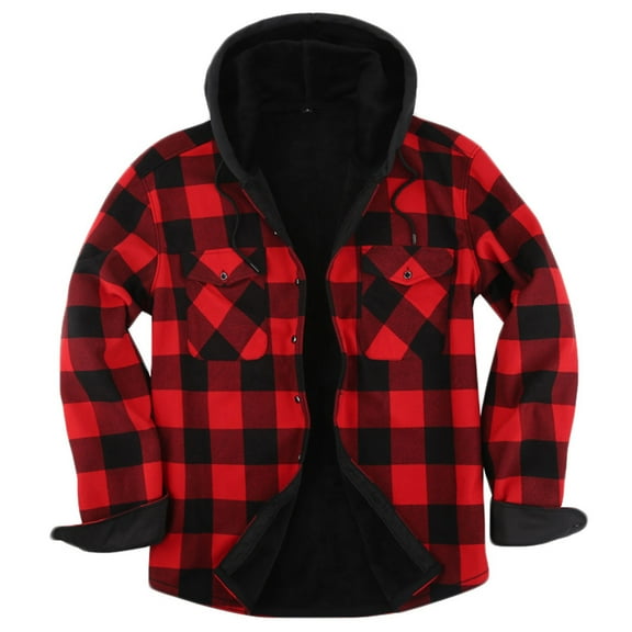 guisaled Mens Flannel Sherpa Lined Jackets Full Zip Hooded Plaid Shirt Jacket Winter Thicken Warm Fuzzy Fleece Jackets with Pockets