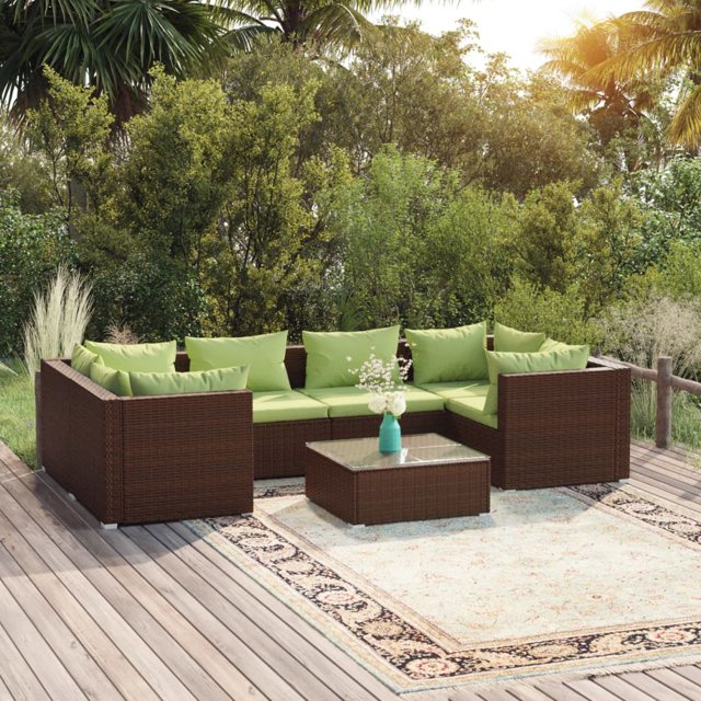 vidaXL Ensemble de Salon de Jardin 7 Pcs avec Coussins en Rotin Synthétique Brun