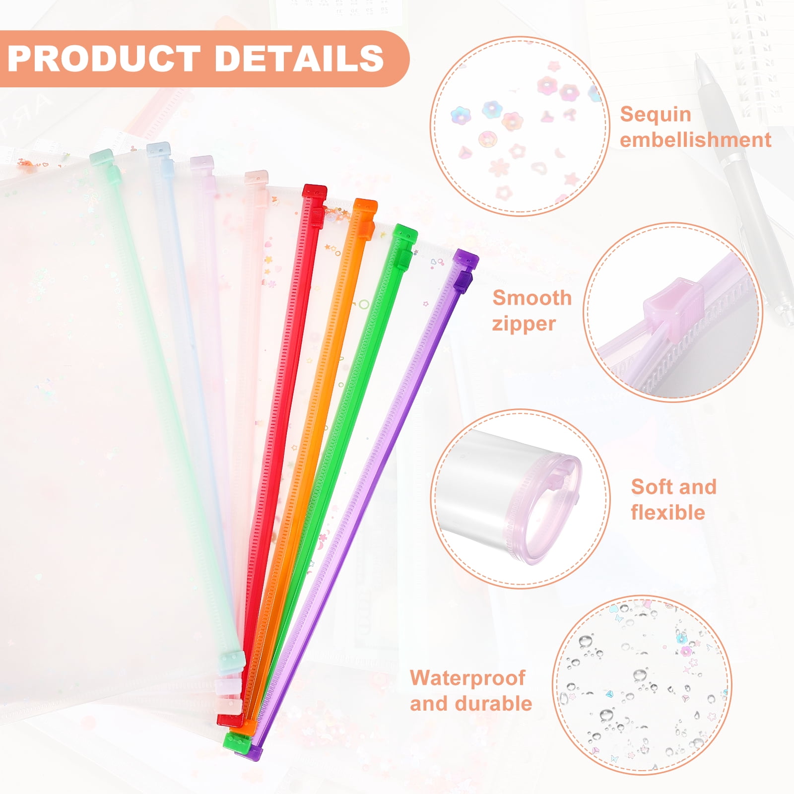 Uxcell 6Pcs A4 Plastic Binder Zipper, Binder Pockets 12 x 9" Clear Envelope Folders Planner Waterproof Pouch Filing with Sequin Decor for Document Notebook Card Organizer, Light Purple