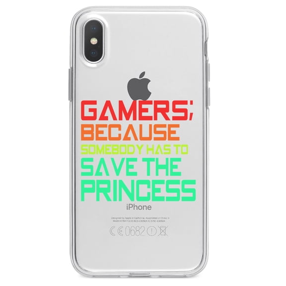 DistinctInk Clear Shockproof Hybrid Case for iPhone XR (6.1" Screen) - TPU Bumper Acrylic Back Tempered Glass Screen Protector - Gamers; Because Somebody Has to Save Princess