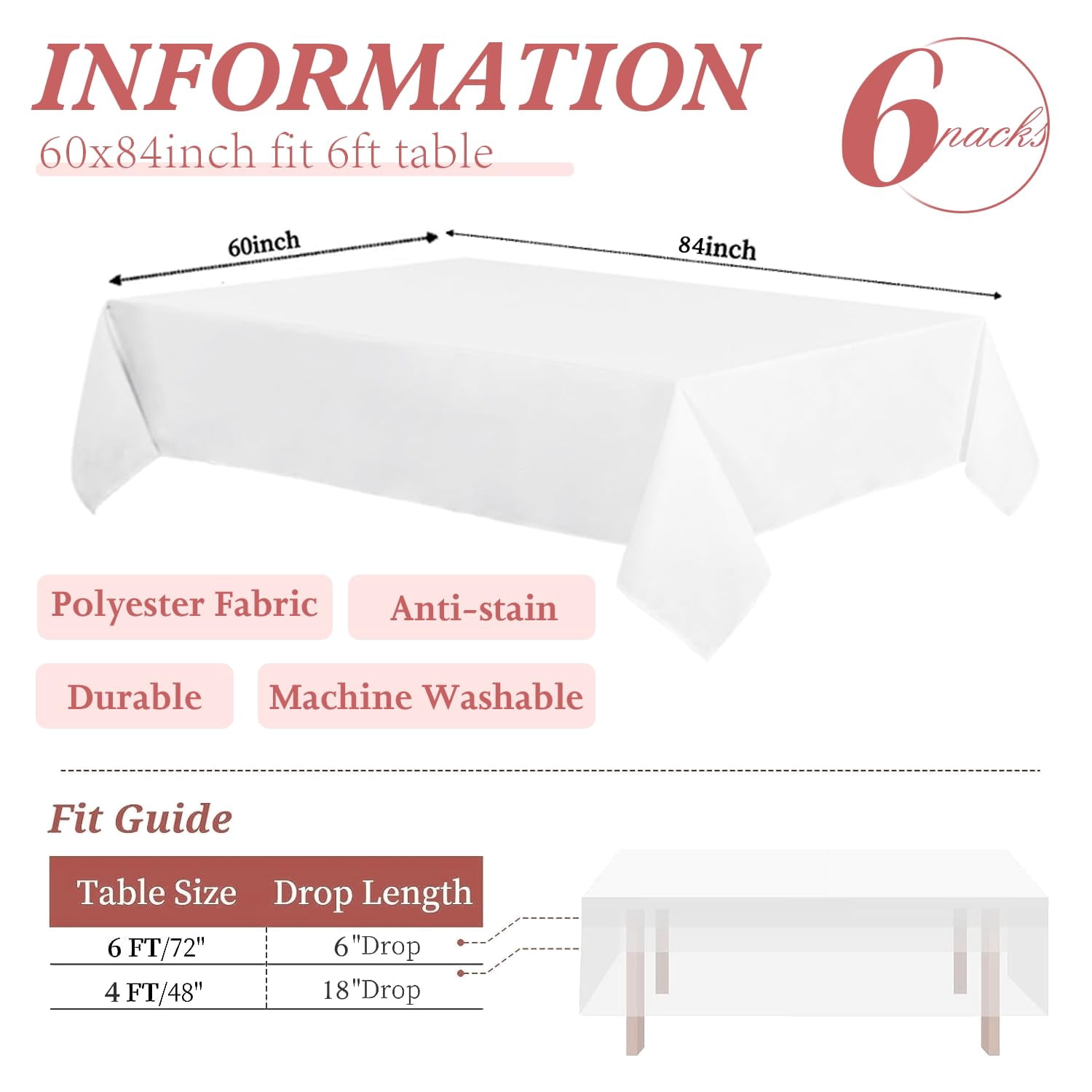 6 Pack White Table Cloth Rectangle Table 60 x 84 Inch Tablecloths for 6 Foot Rectangle Tables. Stain and Winkle Resistant Polyester Washable WhiteTable Cloths for Parties Wedding Dining