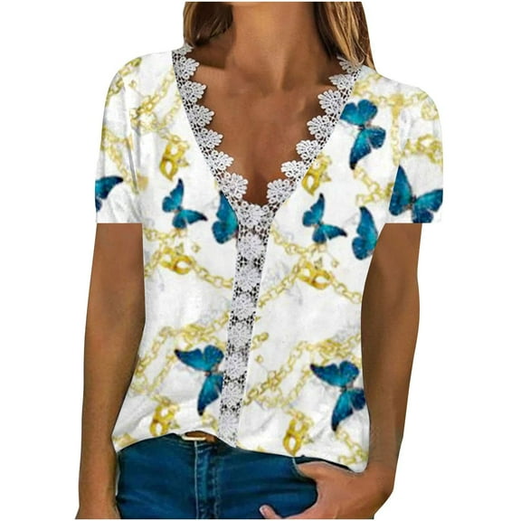 JINMGG Plus Womens Tops ,Women's Fashion T-Shirt Floral Printed Lace Three Short Sleeve Blouse V-Neck Casual Tops