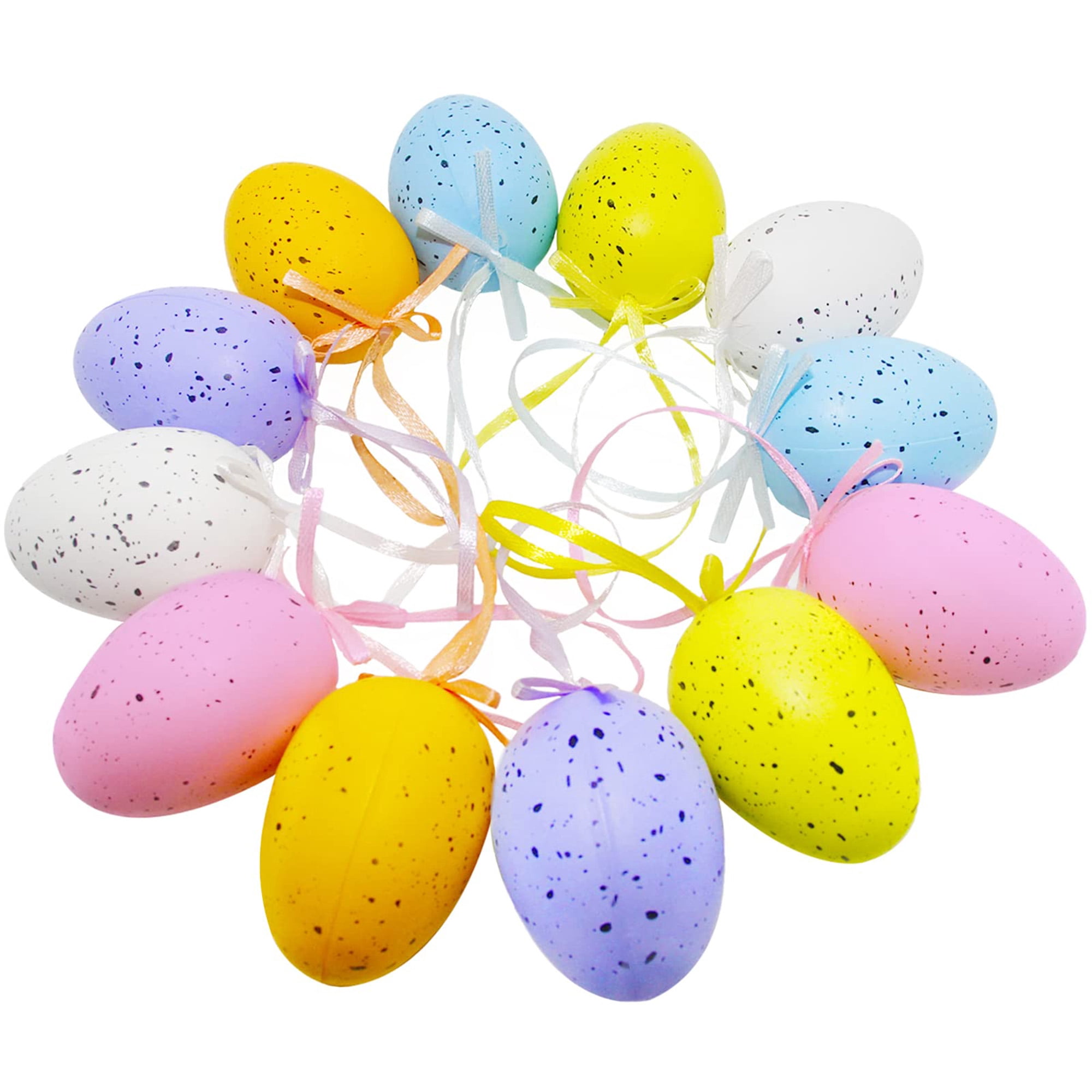 12 colorful plastic Easter eggs with dots. Perfect for hanging, basket stuffers, tree ornaments. Spring party favors for indoor/outdoor decor. Multicolor.